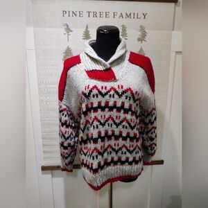 Vintage Chunky Fair Isle Shawl Neck Sweater Grey Red Black Boho Knit